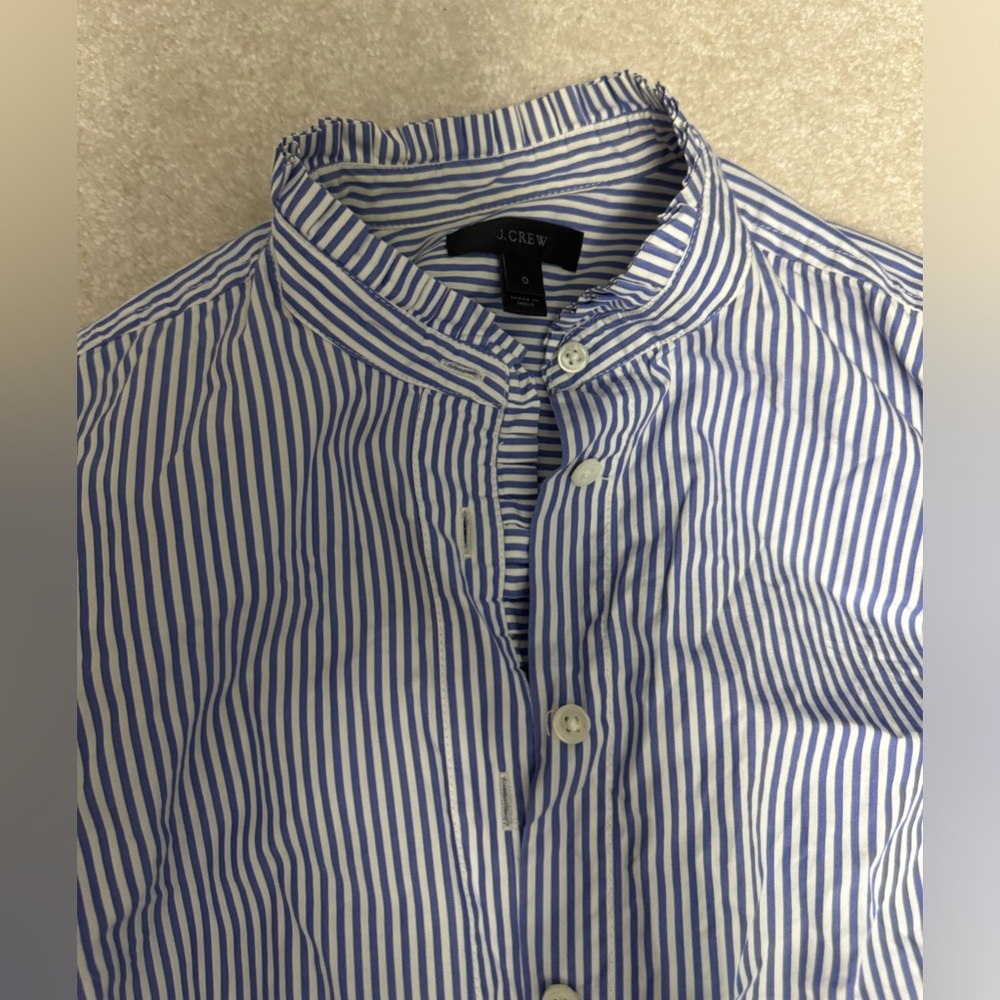 Women’s j crew striped dress shirt grandad collar with frilled edges